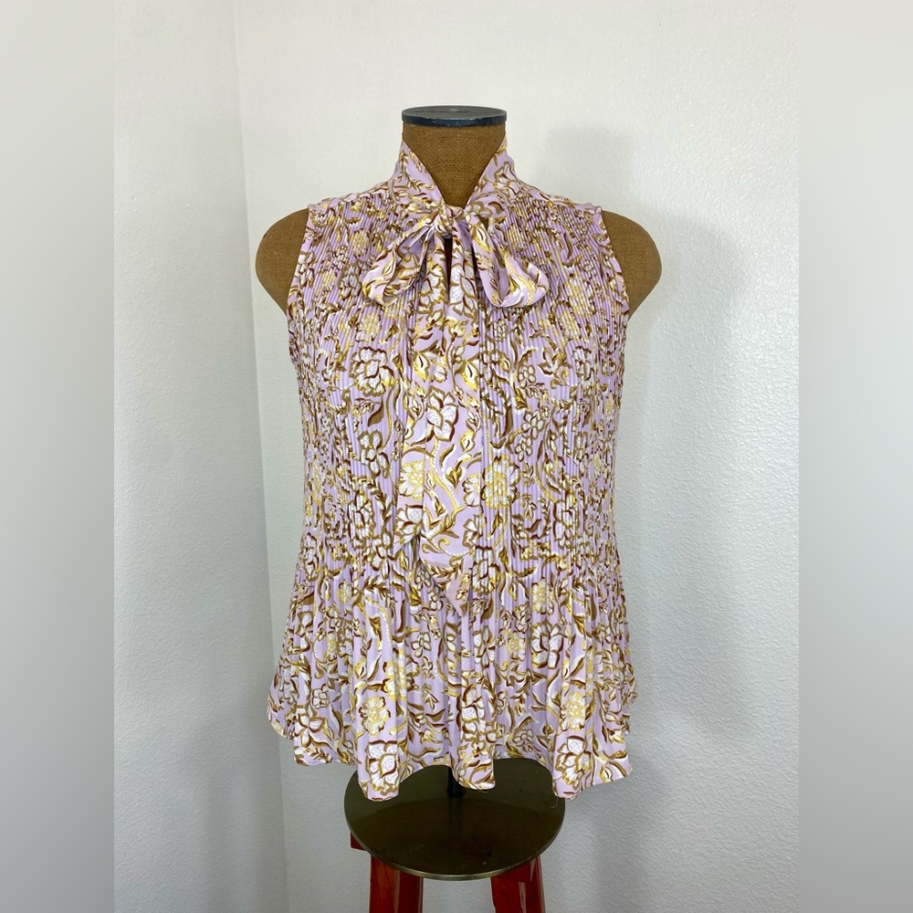 Nanette Lepore Floral Top Small Tie Neck Sleeveless Accordion In Orchid Bloom